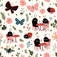 Fototapeta premium Cute cartoon bugs and butterflies interspersed with pink flowers create a whimsical, childlike wallpaper pattern on a light background.