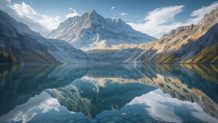 Photorealistic image of a reflection of mountain in clear lake