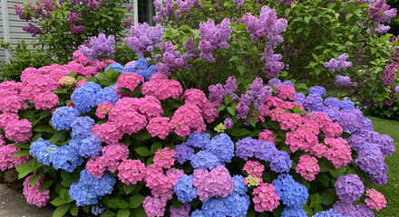Obraz premium Blooming Hydrangea And Lilac Bushes Offering A Tapestry Of Colors