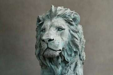 Obraz premium Detailed sculpted lion's head, close-up view.