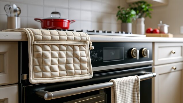 Photorealistic image of a potholder hanging on oven handle