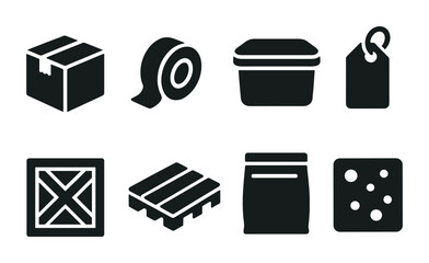 Packaging and shipping solid icons set – filled, parcel, delivery and logistics symbols
