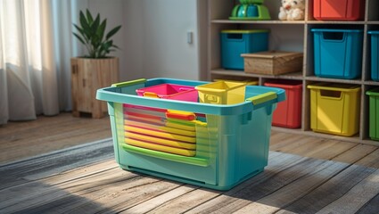 Photorealistic image of a plastic toy storage bin