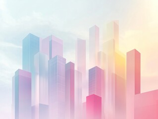 A minimalist abstract cityscape with overlapping transparent layers and soft pastel tones, designed with clean geometric lines and a low-polygonal style for a modern corporate aesthetic.