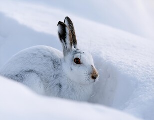 Naklejka premium Mountain hare hiding in snow burrow in winter landscape