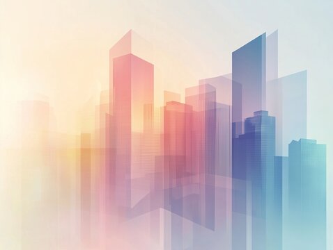 A minimalist abstract cityscape with overlapping transparent layers and soft pastel tones, designed with clean geometric lines and a low-polygonal style for a modern corporate aesthetic.