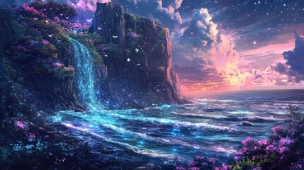 A gorgeous waterfall cascading into a beautiful ocean at dusk