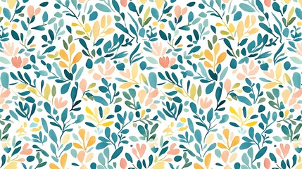 Obraz premium Seamless pattern with pixelated teal, yellow, and peach floral motifs on a white background. The design features various leaf and flower shapes in a repeating pattern