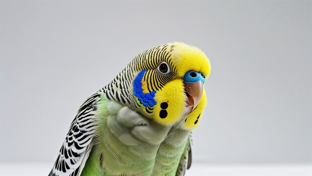 Photorealistic image of a parakeet tilting head curiously on white background