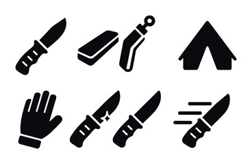 Camping and outdoor solid icons set – filled, survival, adventure symbols