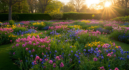 Naklejka premium Scenic Flowerbed At Sunrise, Capturing The Radiant Beauty Of Nature