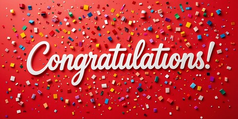 Celebrate Success White Congratulations on vibrant red background with colorful confetti a joyful celebratory image