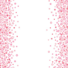 Vector blossom greeting card background with pink cherry or sakura flowers in flat style