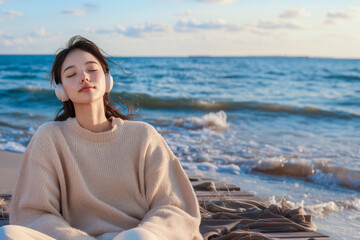 Fototapeta premium Young woman listening music with headphones on beach at sunset, enjoying relaxing sounds