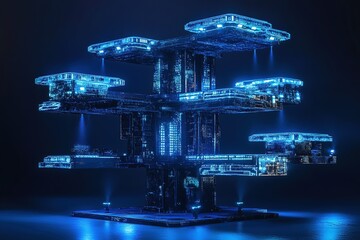 Hyper-realistic futuristic structures with suspended platforms and neon blue accents set against dark backgrounds, presenting a cyberpunk aesthetic and ultra-detailed 8K cinematic quality rendering.