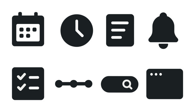 Time management solid icons set – schedule, flat, productivity tools symbols