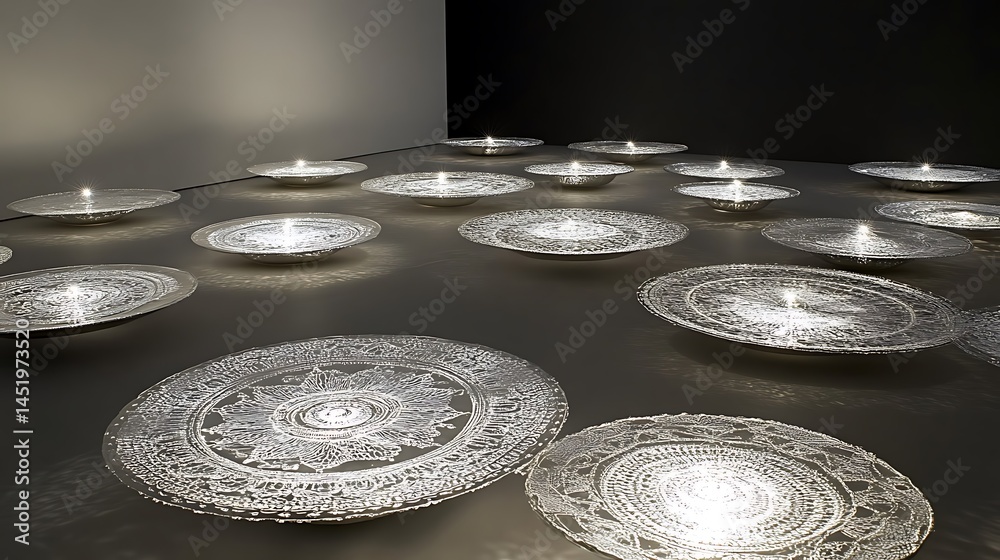 Poster numerous silver metallic circular objects with intricate textured surfaces are arranged in rows on a