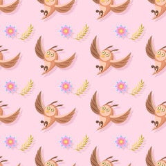 Seamless Pattern Abstract Elements Different Animal Owls Birds Wildlife Vector Design Style Background Illustration Texture For Prints Textiles, Clothing, Gift Wrap, Wallpaper, Pastel