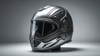 Fototapeta premium Photorealistic image of a metal helmet with modern features in a studio setting
