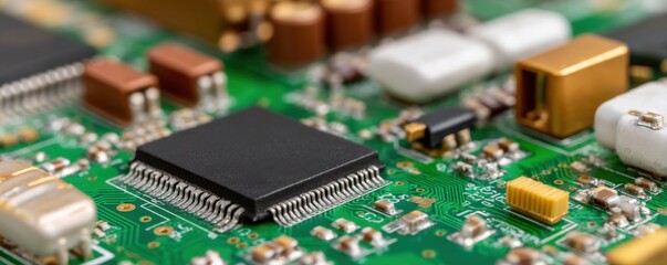 Close-Up of Integrated Circuit and Electronic Components on Green Circuit Board for Technology Innovation