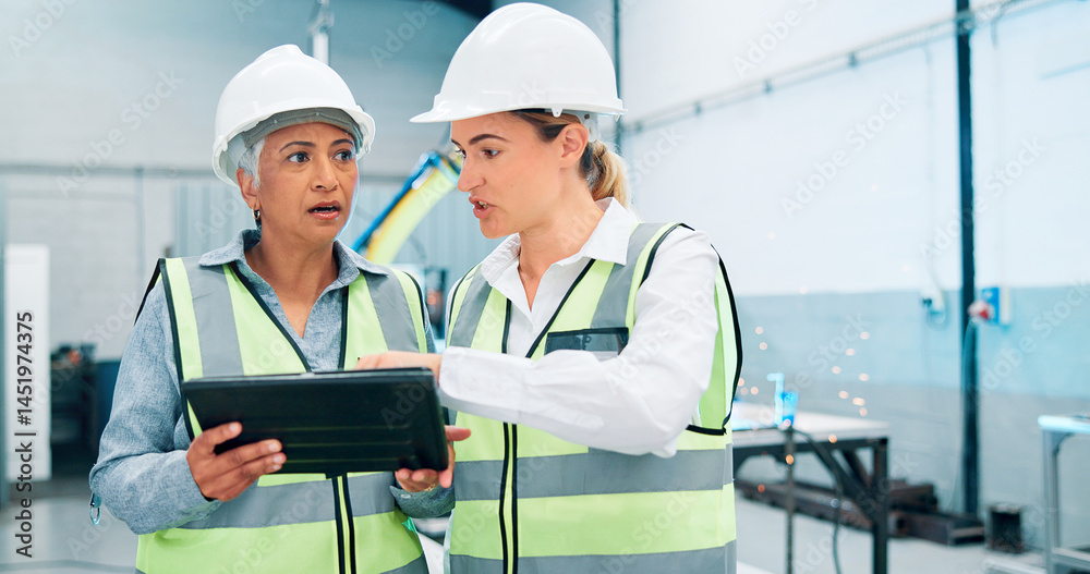 Poster women, robotics and teamwork in factory, tablet and inspection results with online schedule. employe