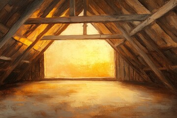 Interior of a rustic attic space, bathed in warm light.