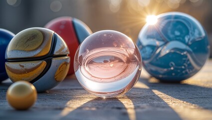 Photorealistic image of a marble set next to other toys