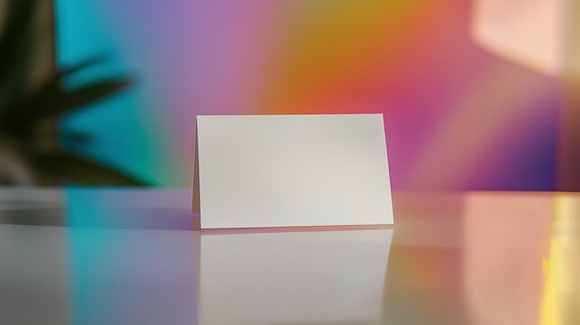 A blank white folded small name card place on a pastel rainbow decoration table.