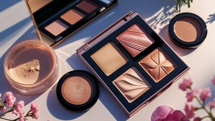 Photorealistic image of a makeup palette on a glossy white podium