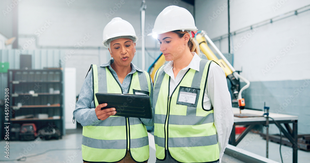 Poster Women, robotics and teamwork in factory, tablet and conversation with inspection results. Employees, engineering and people in lab, tech and meeting with app, design review or system configuration