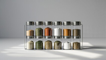Photorealistic image of a magnetic spice jar with ergonomic handle on a white background