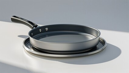 Photorealistic image of a magnetic pan lid rest with raised edges on a white background