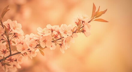 Blooming Tree Branch with Delicate Flowers in Soft Warm Light