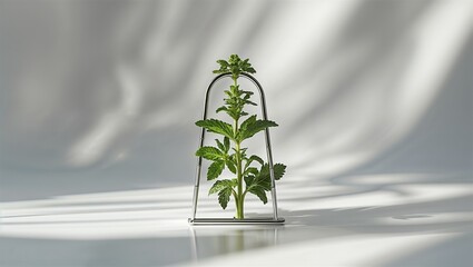 Photorealistic image of a magnetic herb label coaster with soft white backdrop