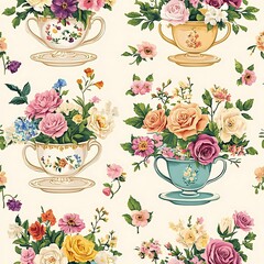 Floral pattern featuring bouquets of roses, peonies, and other flowers arranged in vintage teacups on a creamy white background. The design is delicate and romantic, with pastel color palette and