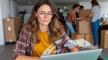 Cargo Management and Warehouse Scheduling Solutions concept. Young woman working on laptop in modern office with boxes and global map overlay showcasing remote collaboration