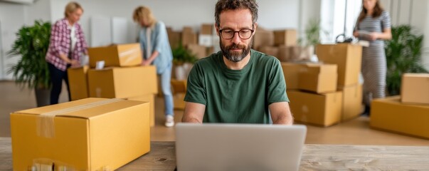 Cargo Management and Warehouse Scheduling Solutions concept. Focused man working on laptop in busy workspace with packages and team members preparing orders