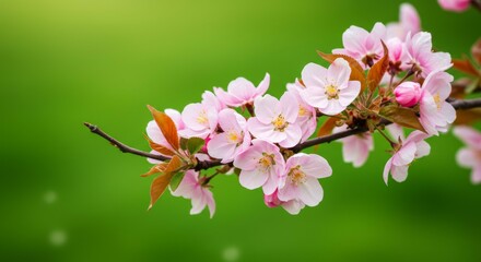 Flowering Tree Branch with Pink Blossoms and Green Background