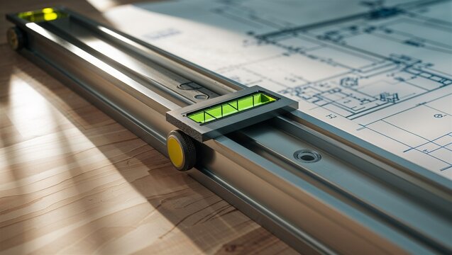 Photorealistic image of a level tool next to a blueprint - Powered by Adobe