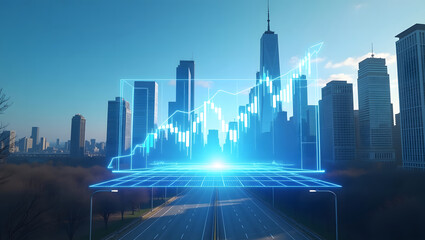 Plakat A breathtaking city skyline captures the essence of modern urban life illuminated by blue light with a chart that symbolizes growth and opportunity.