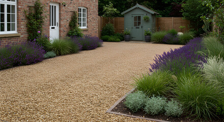 Obraz premium Gravel Driveway And Cottage Garden With Blooming Lavender Plants