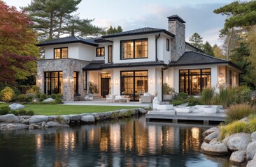 A large, modern mansion on the water with a dock and a white boat. On the side of the house is a stone wall, and the front door is light gray and brown.