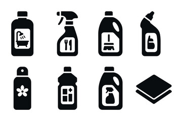 Cleaning product solid icons set – flat, filled, household and sanitation symbols
