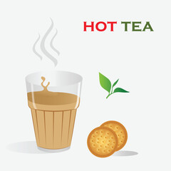 A glass of hot steaming tea accompanied by two round biscuits and a tea leaf graphic, on a light background.
