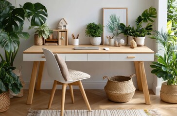 Home office with a desk, a brown chair, and plants on a white wall.