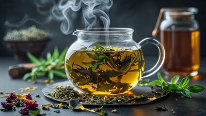 Photorealistic image of a herbal tea infusing in glass pot