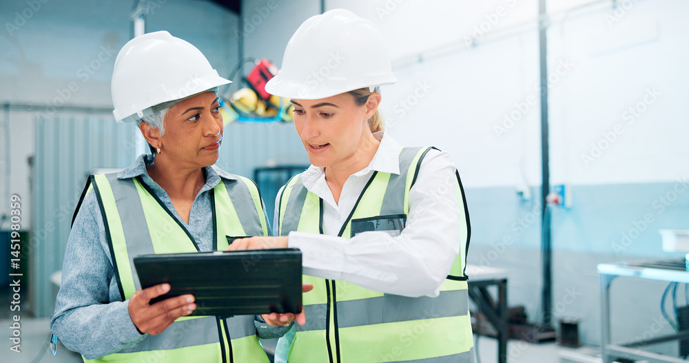Aufkleber Women, robotics and planning in factory, tablet and conversation with software update. Employees, engineering and people in lab, technician or teamwork with app, design review or configuration system