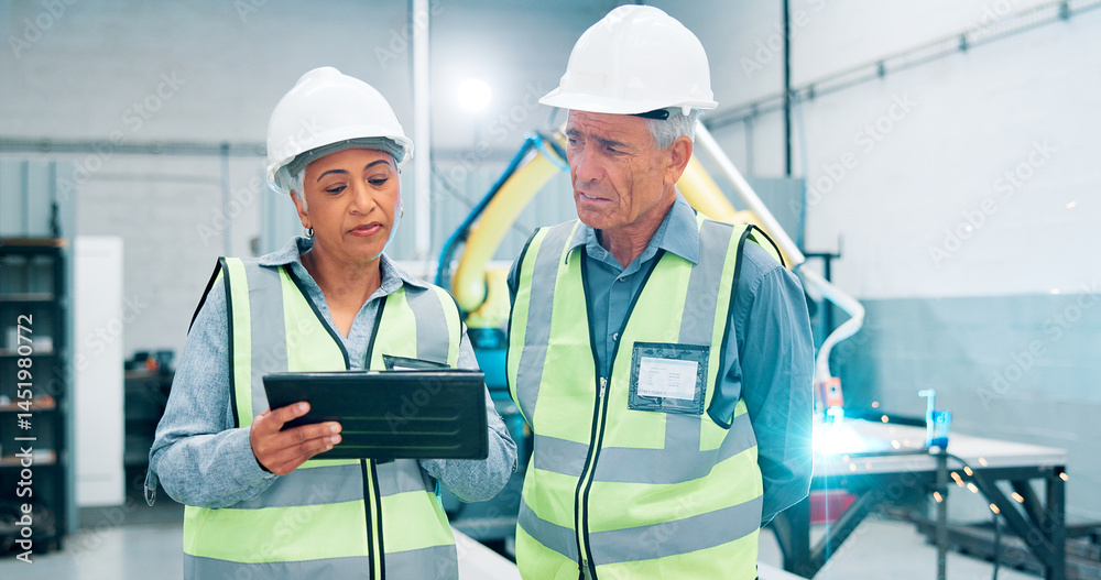 Poster people, robotics and teamwork in lab, tablet and conversation with online schedule. employees, engin