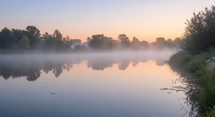 Fototapeta premium Serene Dawn: Misty River Reflections AI Generated