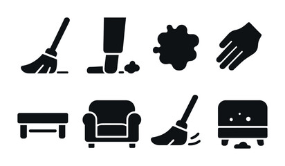 Cleaning and household solid icons set – flat, filled, chores and maintenance symbols